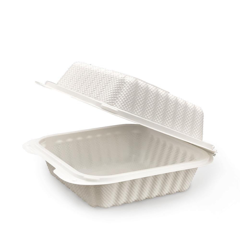White PP Hinged Container, 6" x 6" x 2.8" (Microwaveable), 250/case