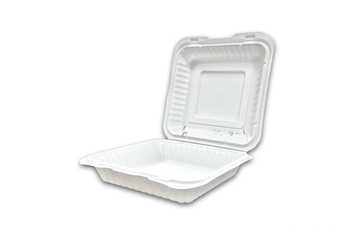 White PP Hinged Container, 8.69" x 8.13" x 2.88" (Microwaveable), 150/case