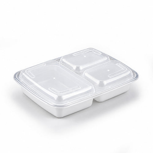 White PP Meal Prep Container W/ Lid, 3 Compartment, 33oz