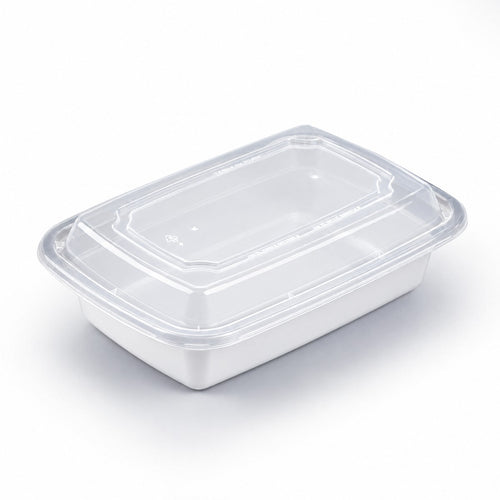 White PP Rectangular Container W/ Lid (Microwaveable), 24oz