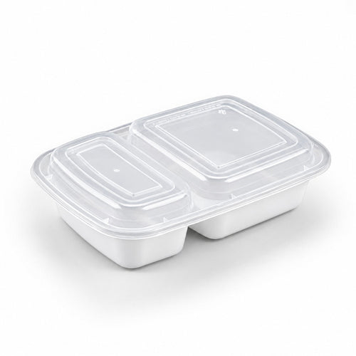 White PP Meal Prep Container W/ Lid, 2 Compartment, 32oz