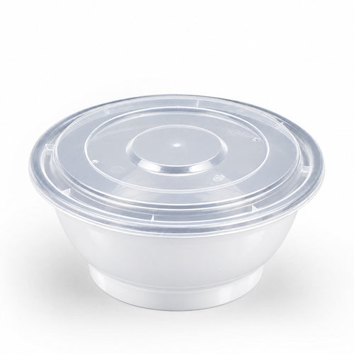 White PP Round Noodle Bowl W/ Lid (Microwaveable), 34oz
