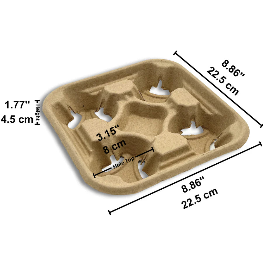 Kraft Paper 4-Cup Tray Holder, Sturdy, 300/case