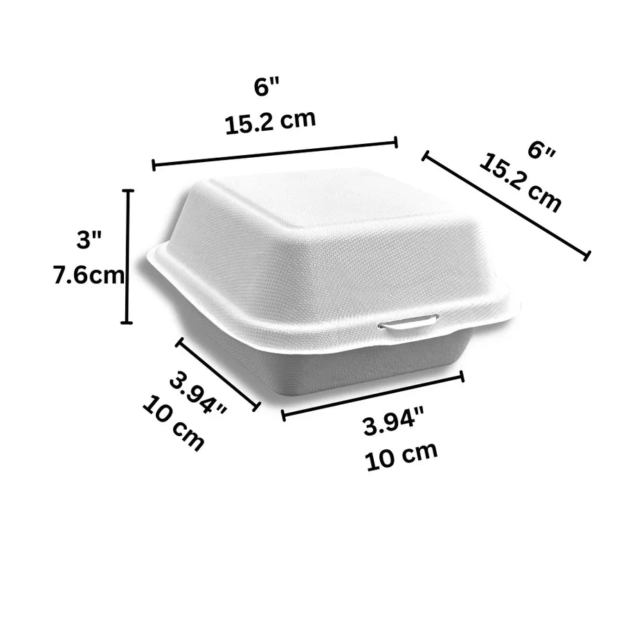Sugarcane Clamshell Container, 6" x 6" x 3", 500/case