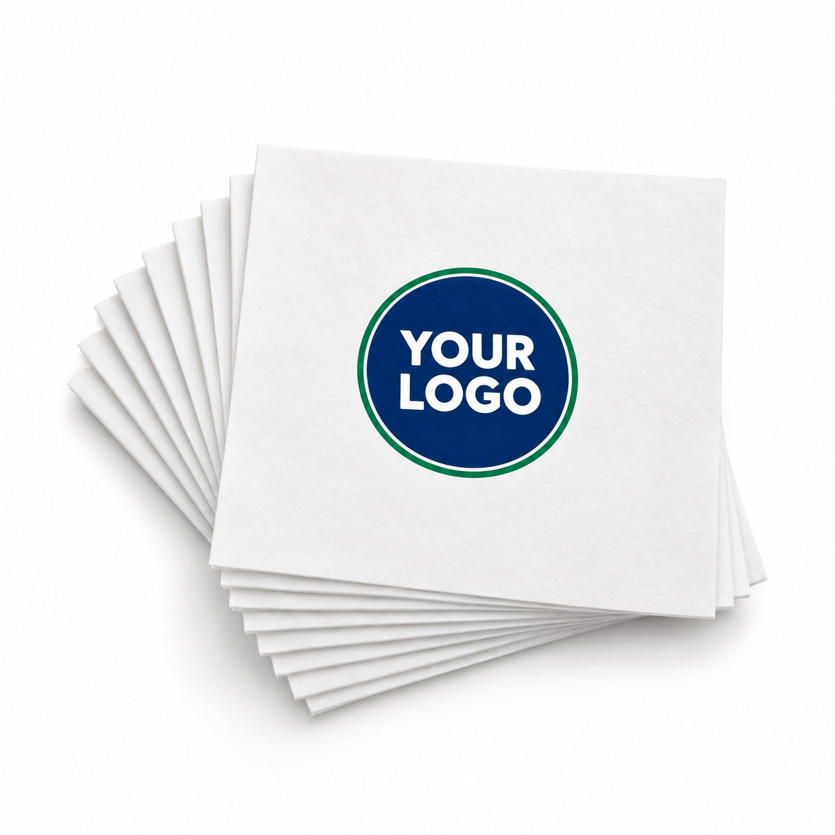 Custom printed white cocktail napkins with a YOUR LOGO badge