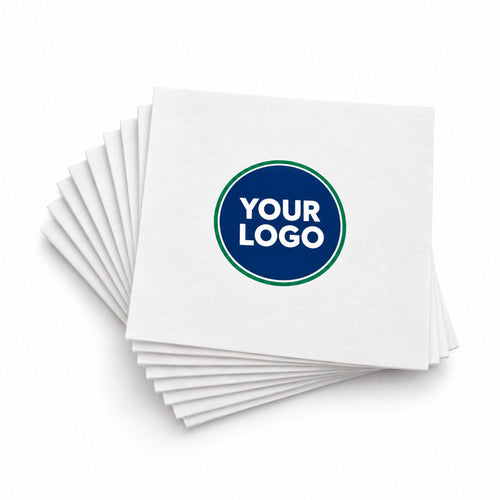 Custom printed white cocktail napkins with a YOUR LOGO badge