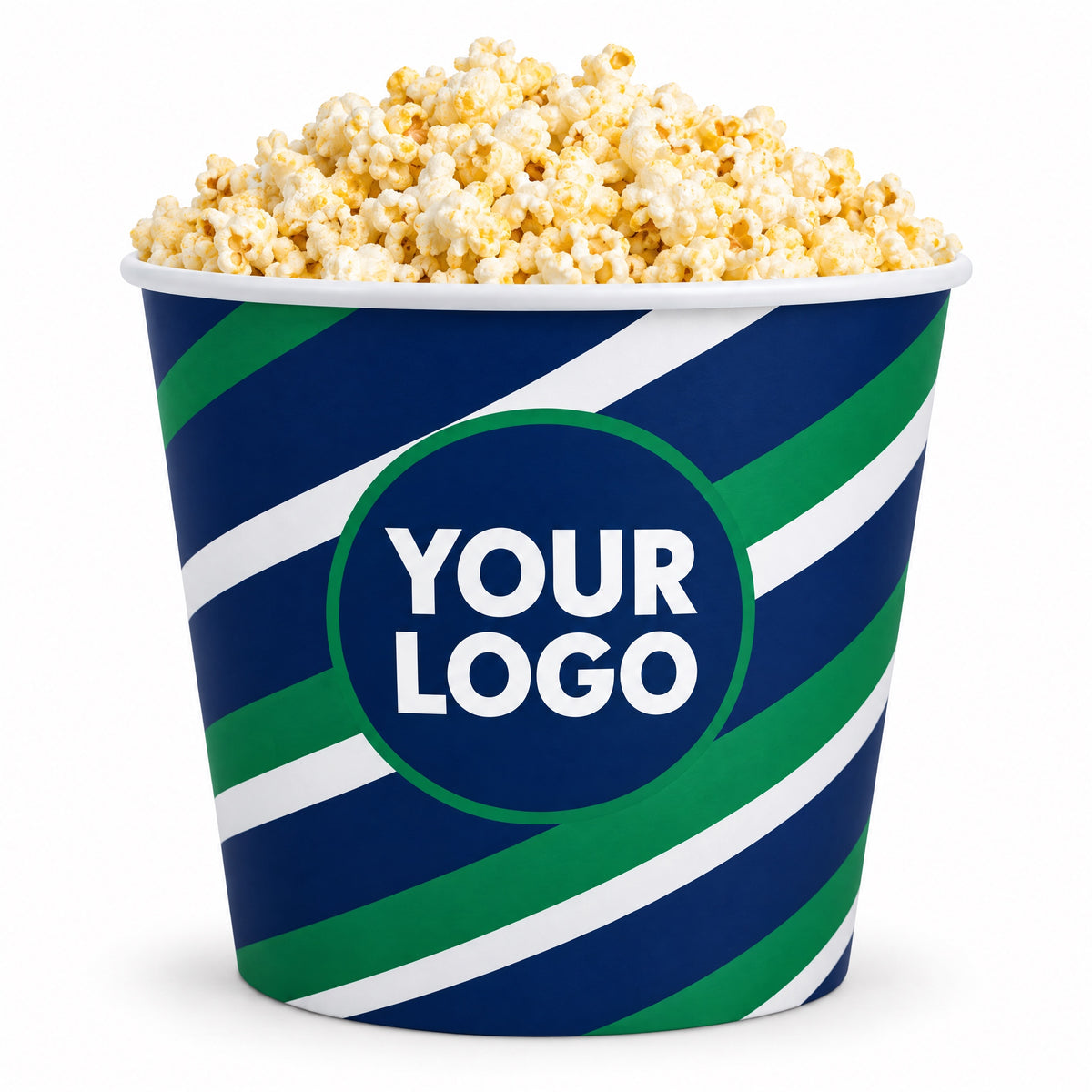 Custom Printed Popcorn Buckets, full-wrap static print with a YOUR LOGO badge