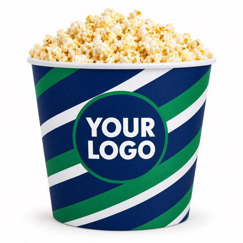 Custom Printed Popcorn Buckets, full-wrap static print with a YOUR LOGO badge