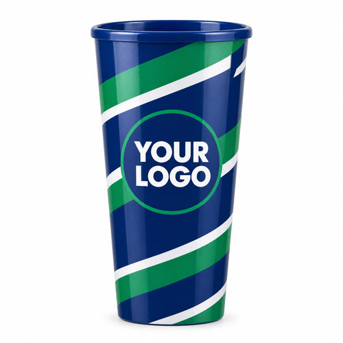Custom Printed Static Stadium Cups, full-wrap print with a YOUR LOGO badge